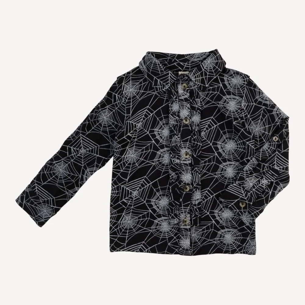NWT 4T Kate Quinn 🕸️ long sleeve rolled tuxedo shirt spiderweb bamboo spooky